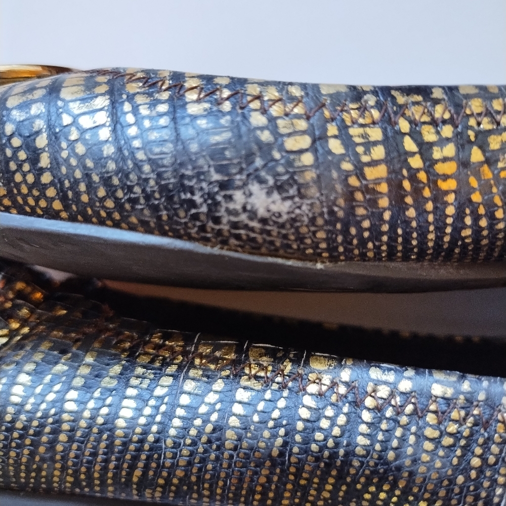 Tory Burch Gold/Bronze Reva Metallic Lizard Reva Ballet Flat Metal Logo Size 8.5 - Picture 11 of 15